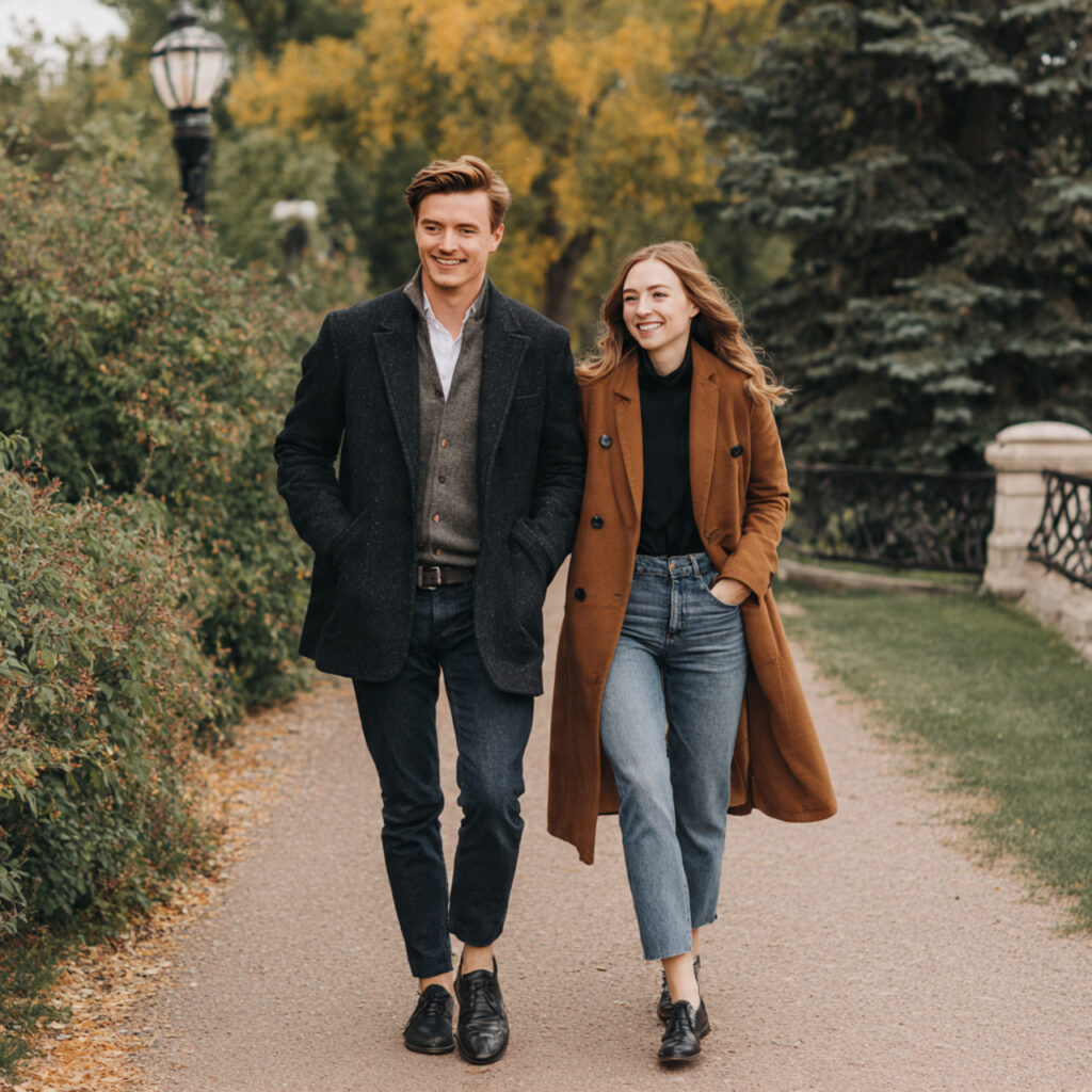 21 Cozy and Stylish Fall Engagement Photo Outfit Ideas 3 casual fall engagement photoshoot couple wearing dark
