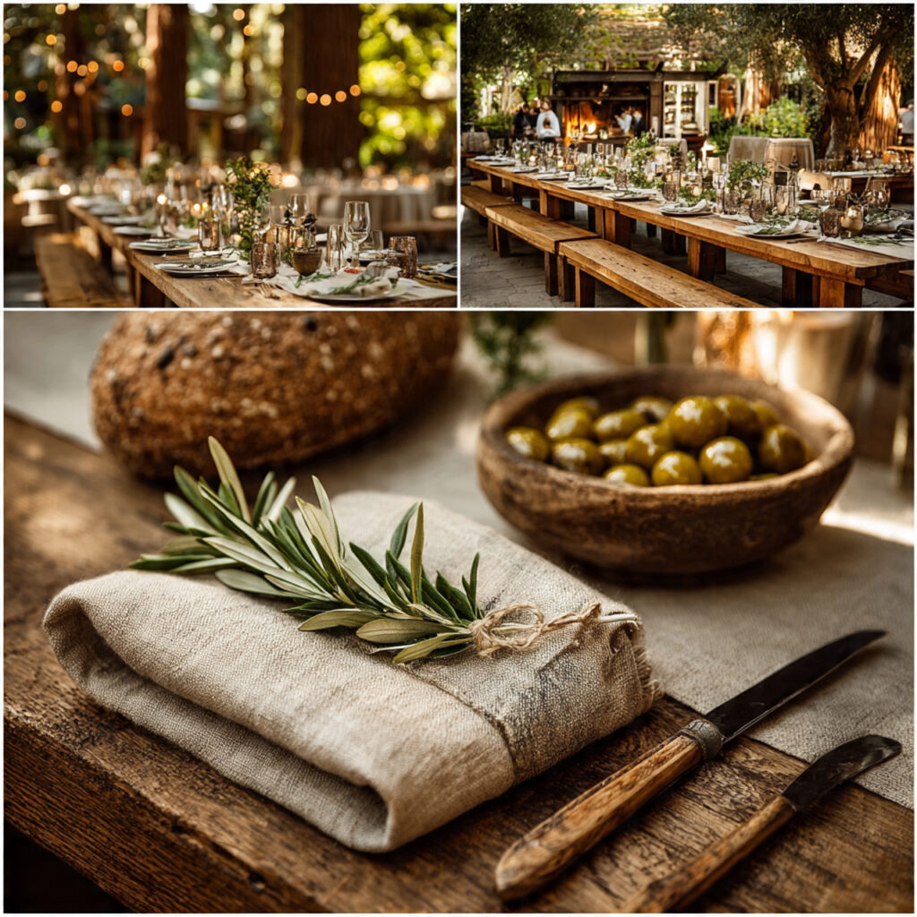 casual forest wedding reception with olive green