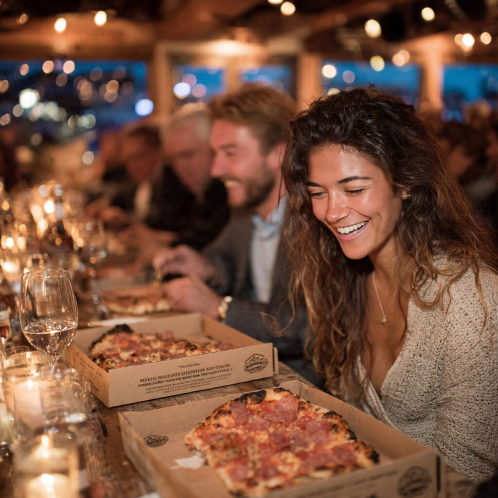 casual rehearsal dinner with pizza boxes on