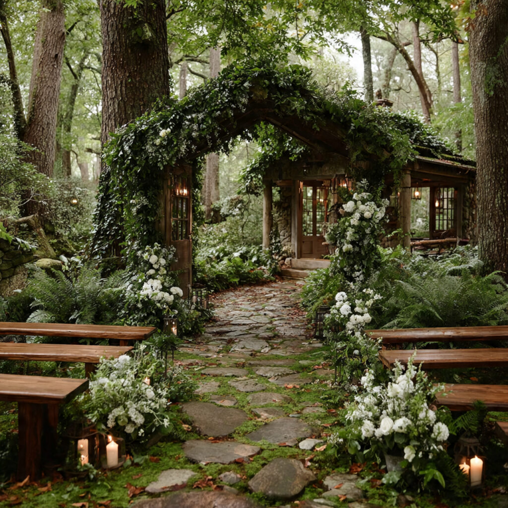 classic forest wedding ceremony with ivy green 1