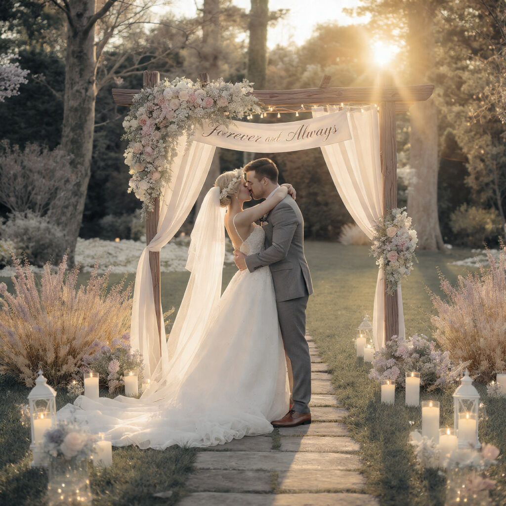 classic romantic wedding scene bride and groom