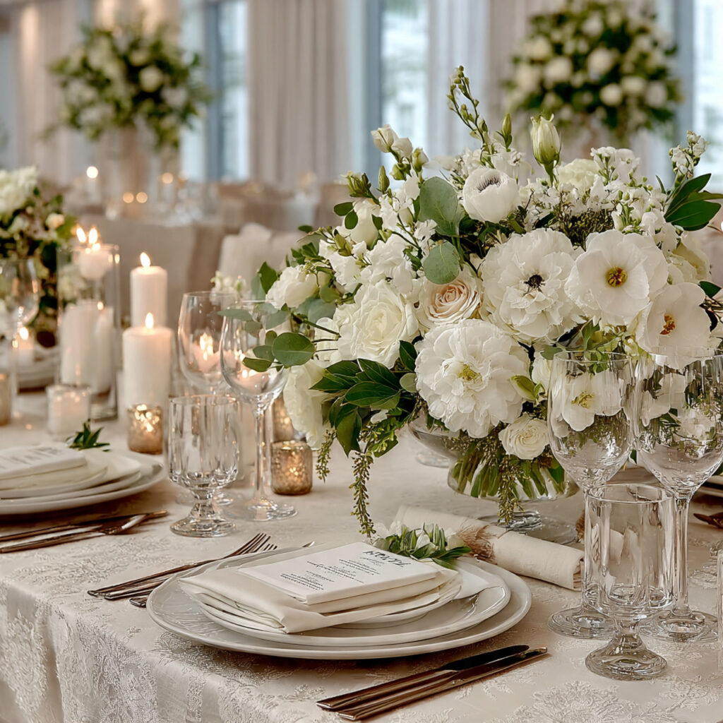classic white bridal shower with textured linens