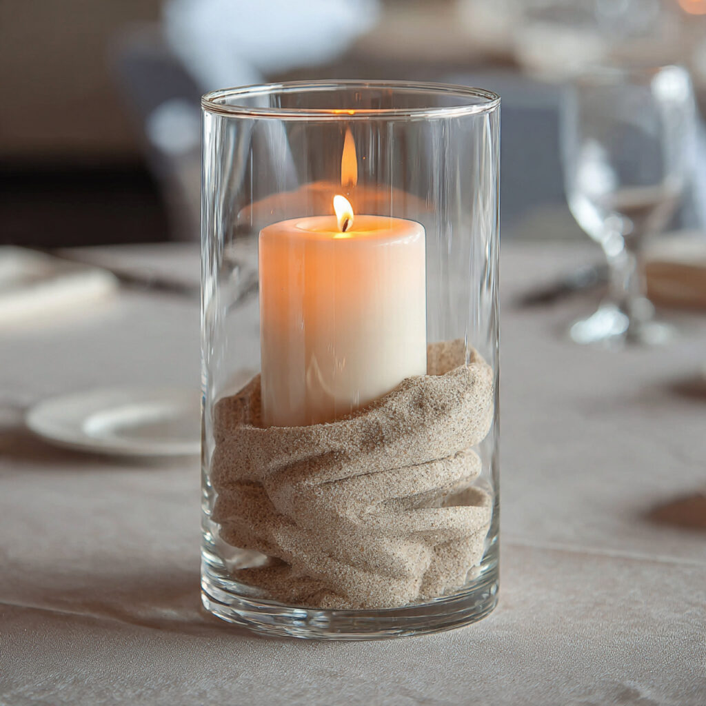clear hurricane vase centerpiece with layered natural