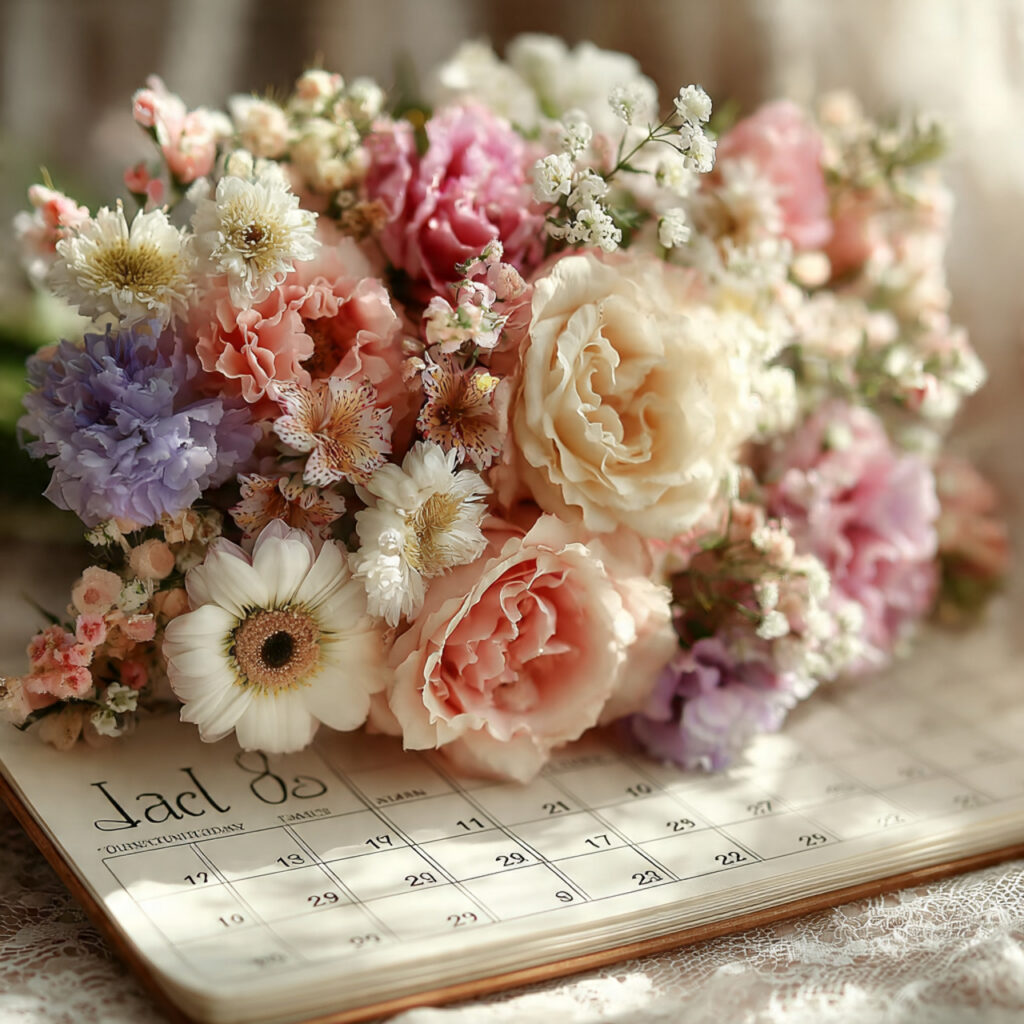 close up of calendar pages with highlighted wedding