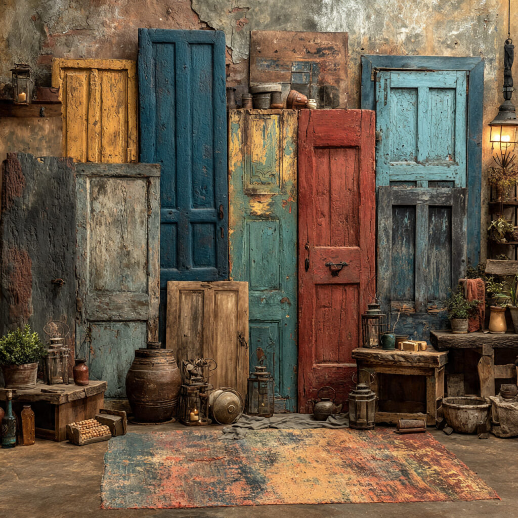 collection of antique wooden doors arranged as