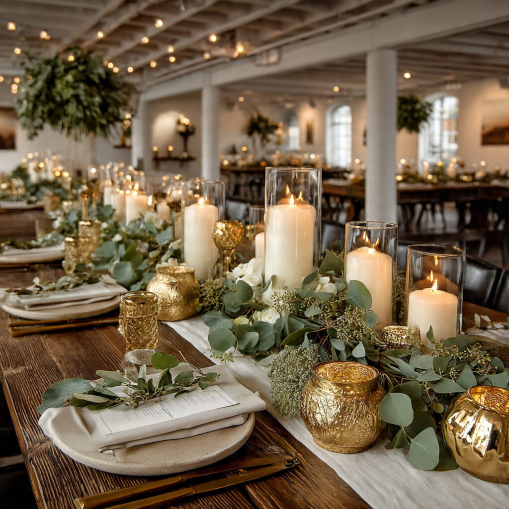 community hall wedding decorated with greenery and