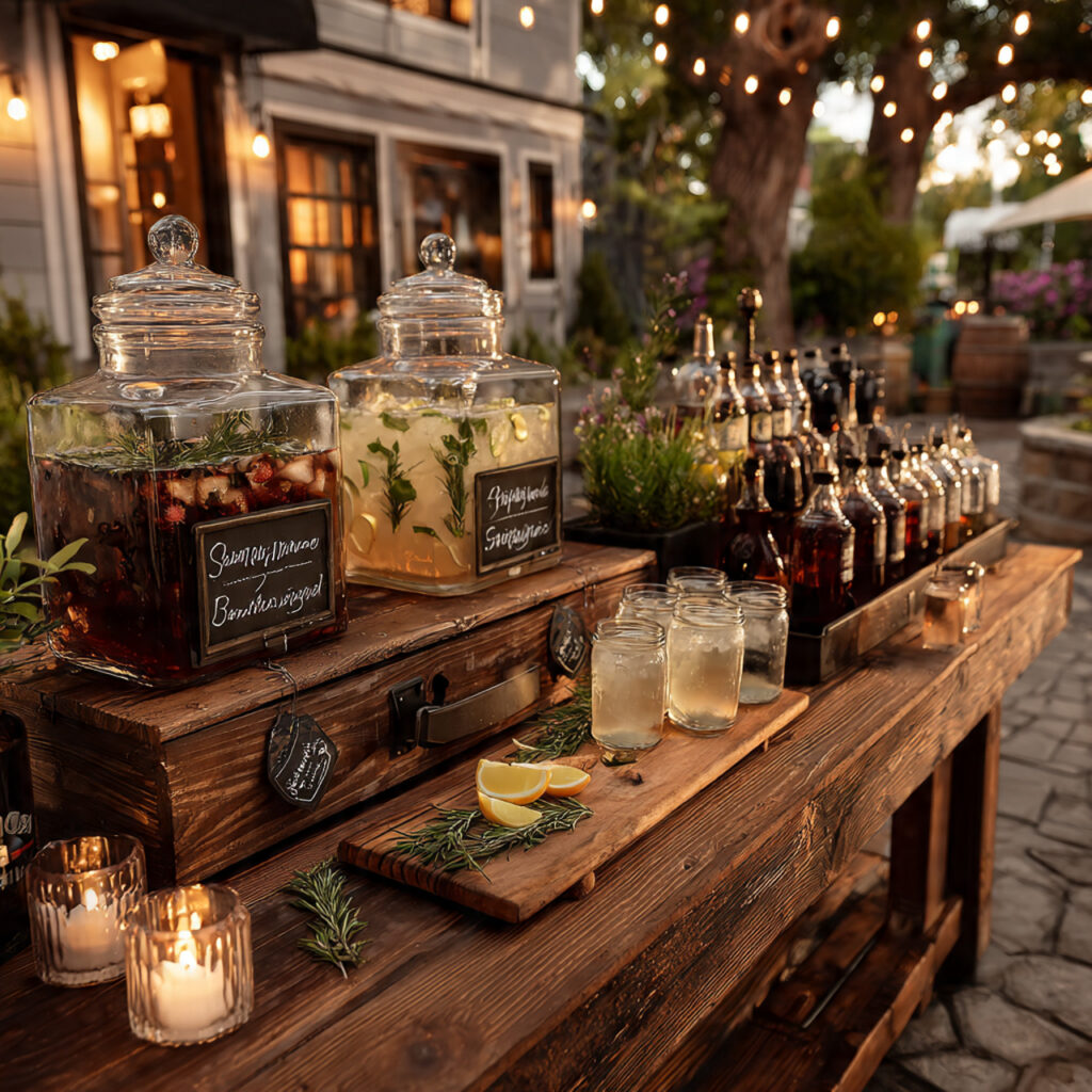 compact backyard wedding bar setup with signature