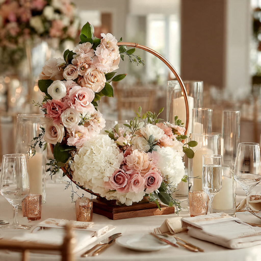 contemporary wedding centerpiece with circular floral hoop