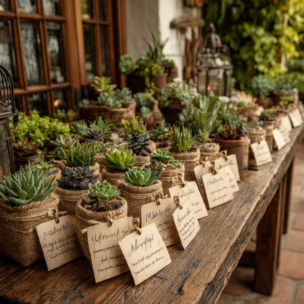 cottage wedding favors with small plants and