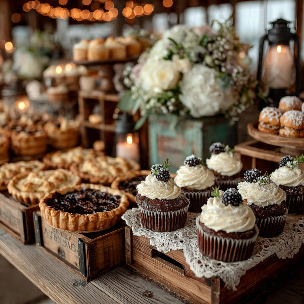 country rustic wedding dessert table with pies