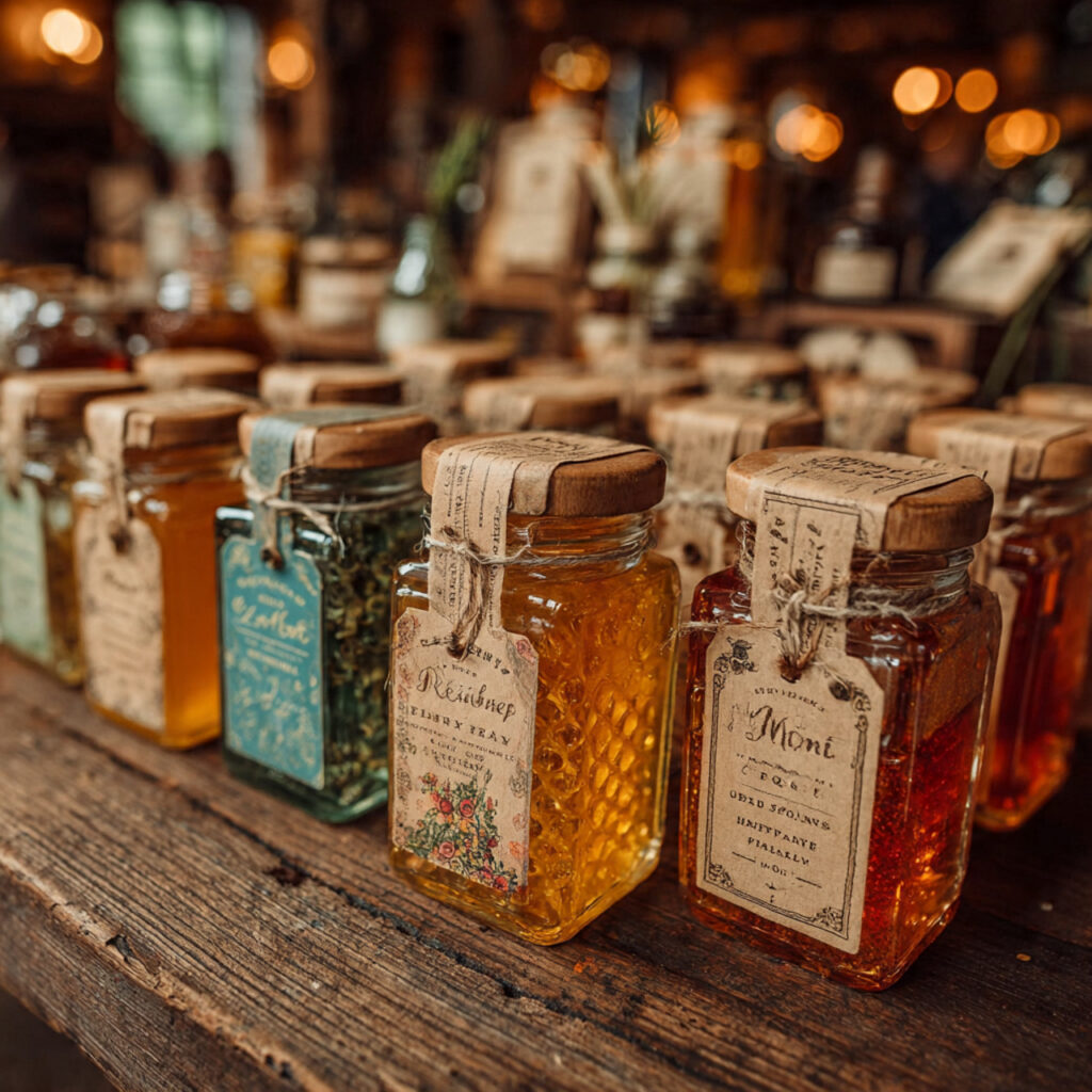 country rustic wedding favors including small honey