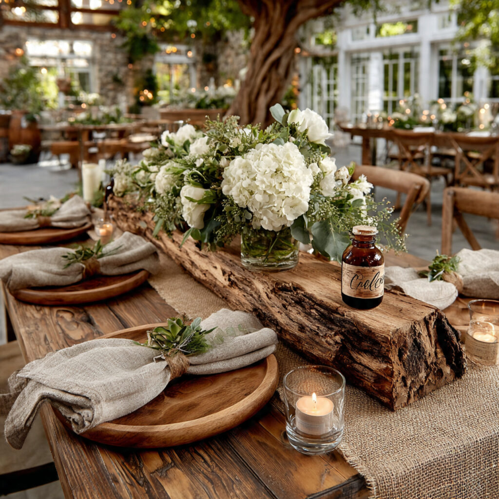 country rustic wedding table setting with burlap