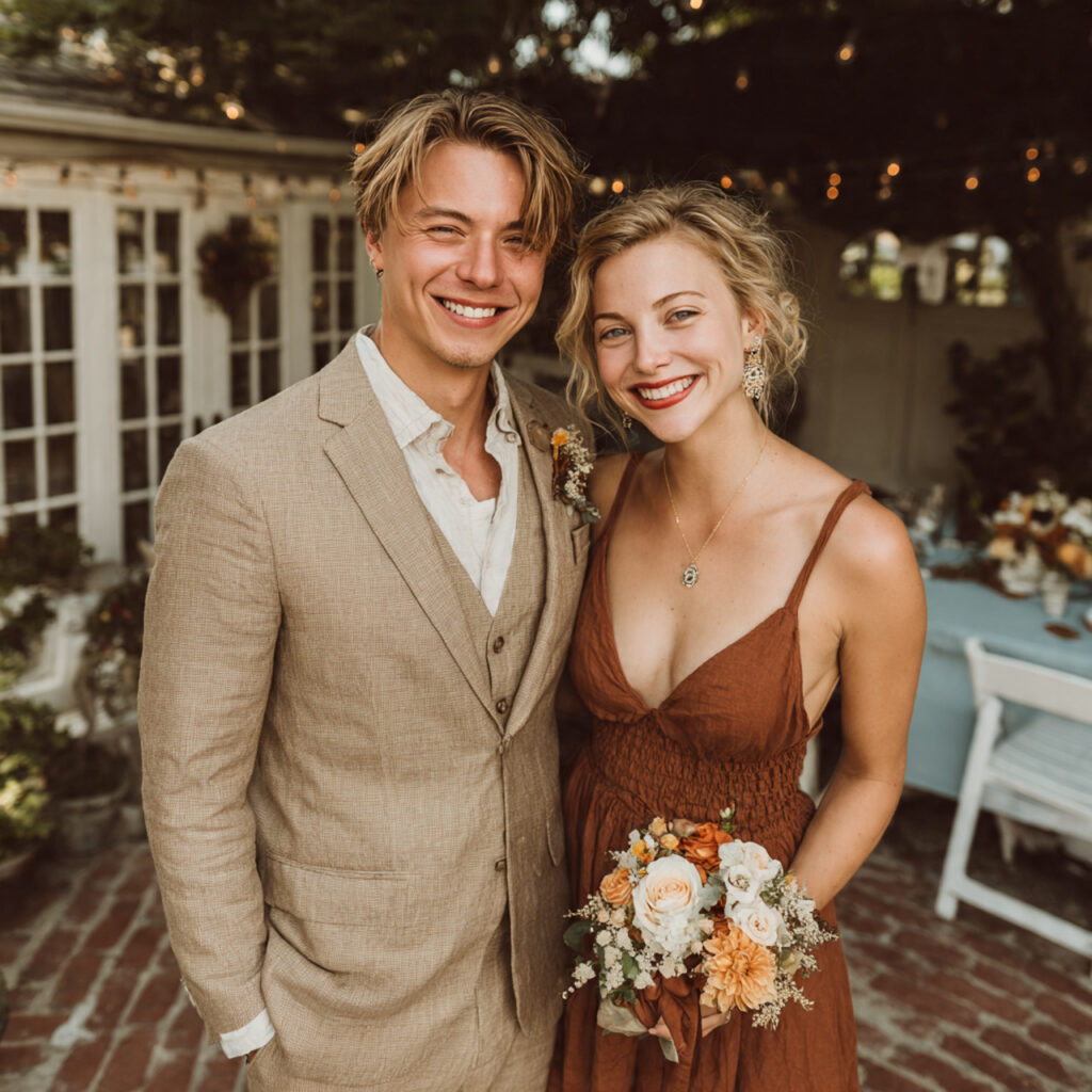 couple at a tiny backyard wedding wearing