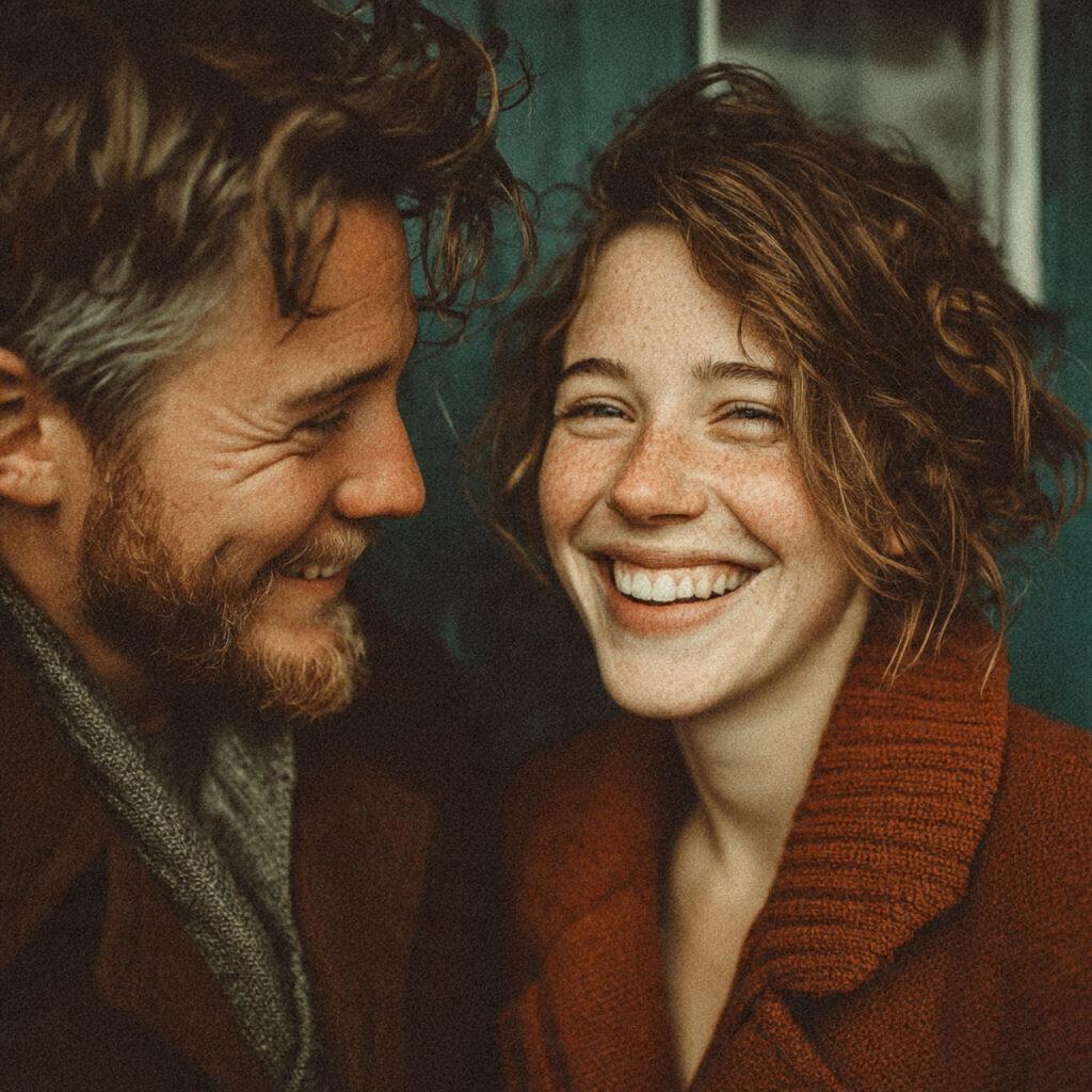 couple laughing naturally without eye contact candid