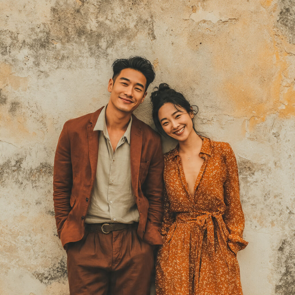 couple leaning casually against textured wall urban