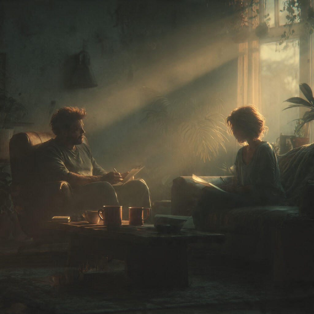 couple relaxing with checklist nearly completed coffee