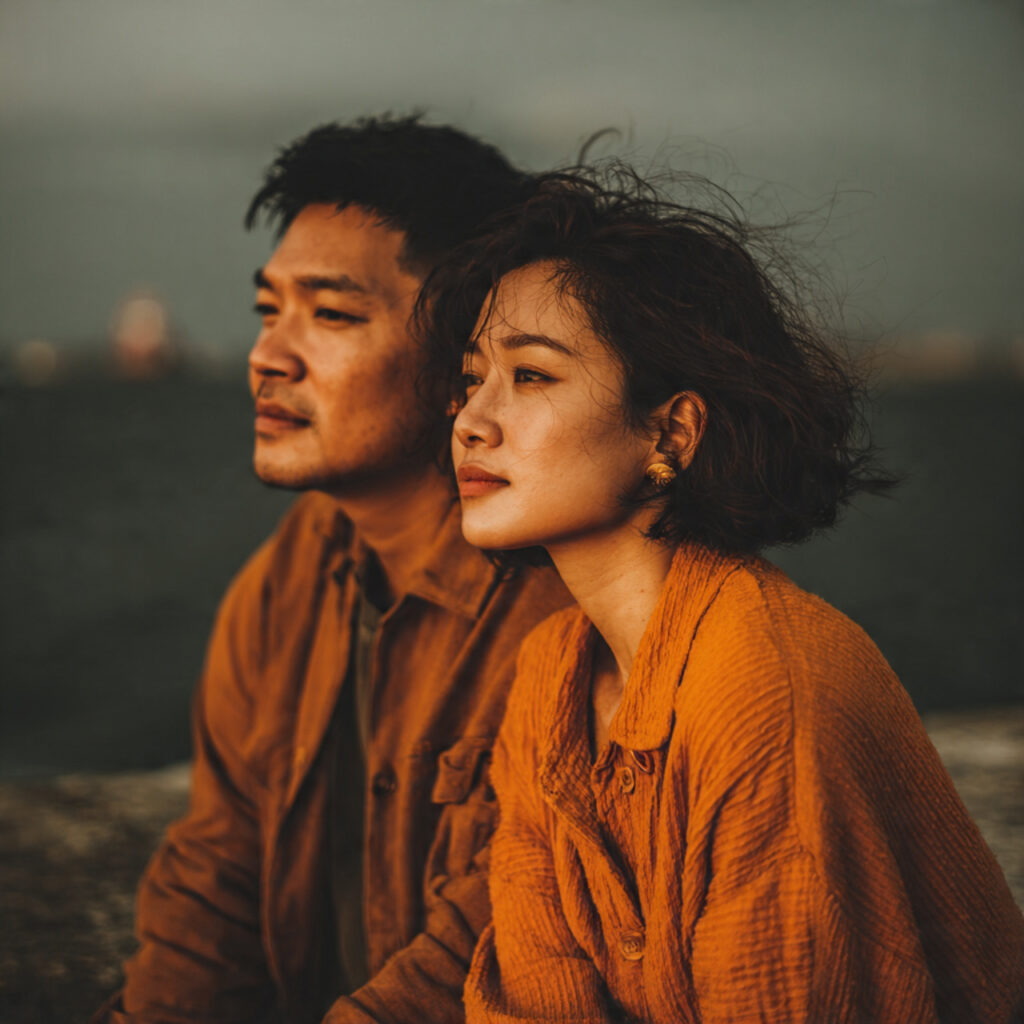 couple sitting close together looking in same