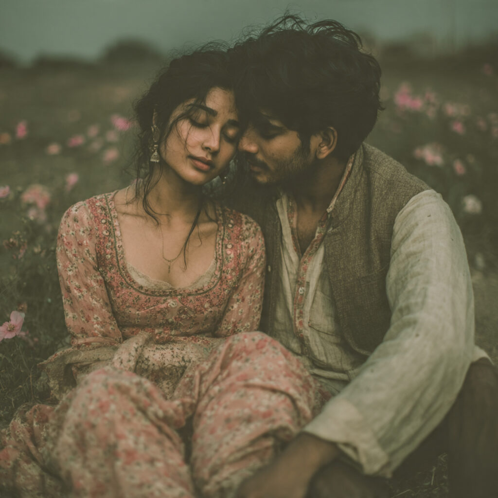 couple sitting close with heads gently touching