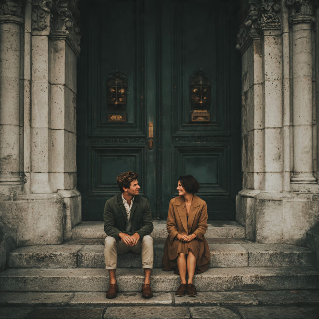 couple sitting on steps at different heights