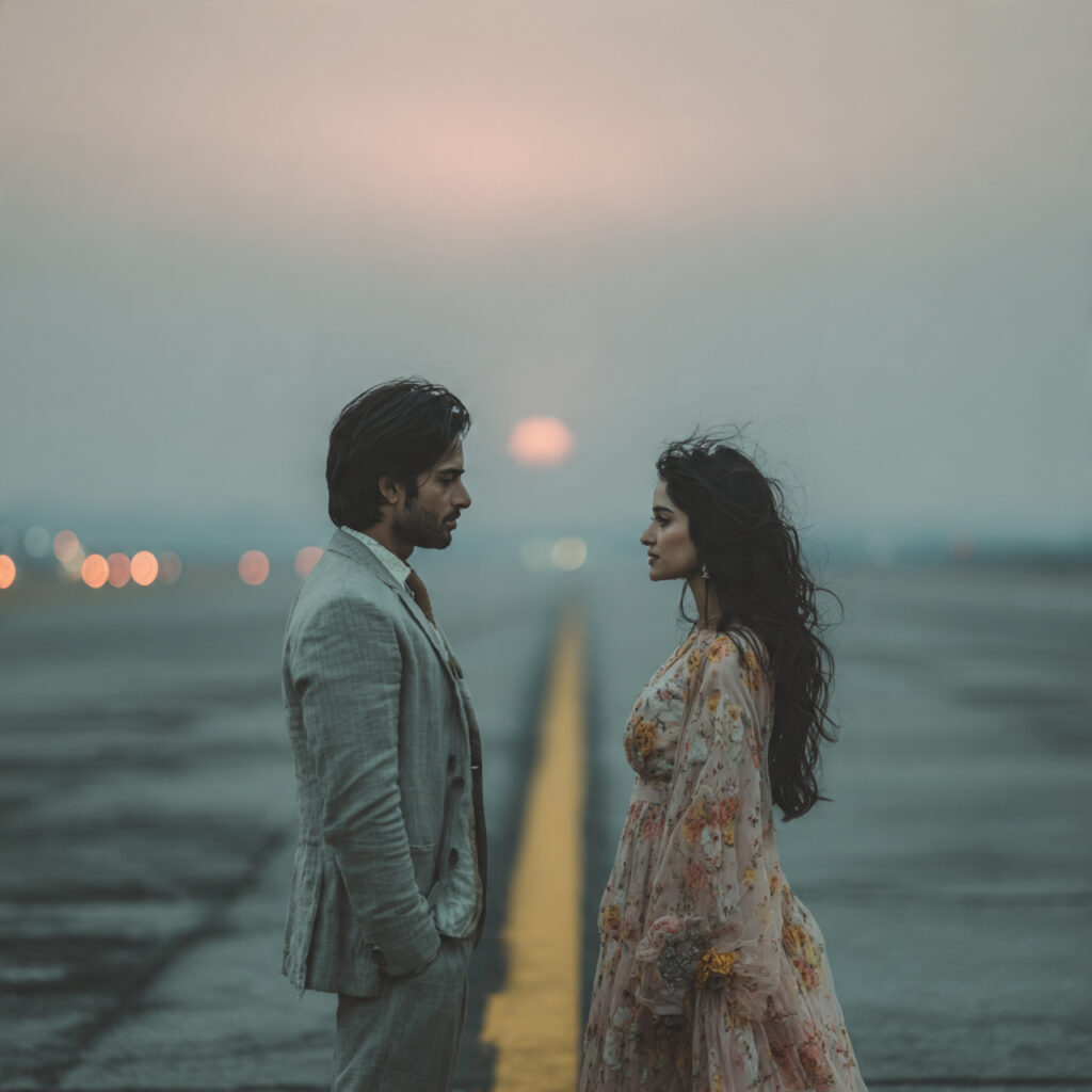 couple standing a few steps apart making