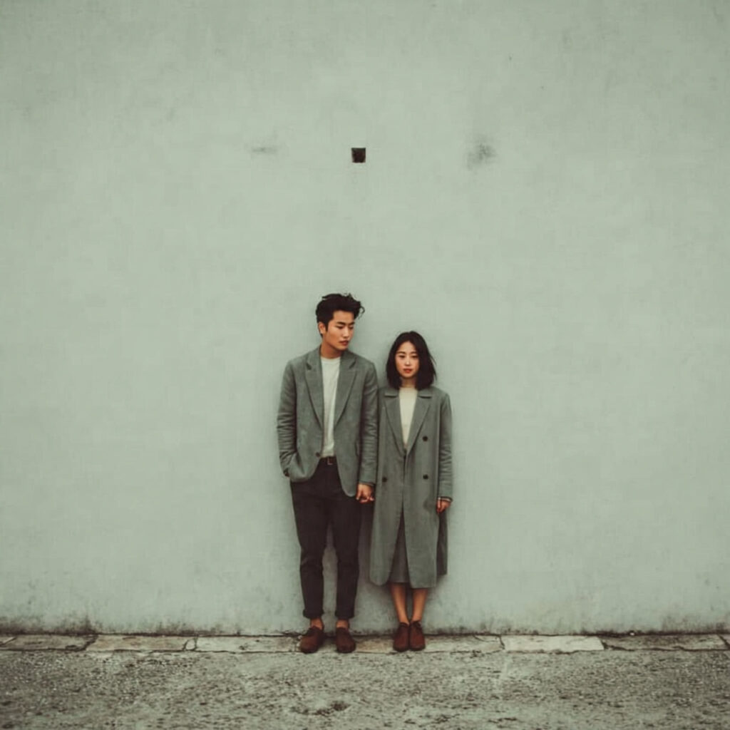 couple standing still holding hands minimalist pre