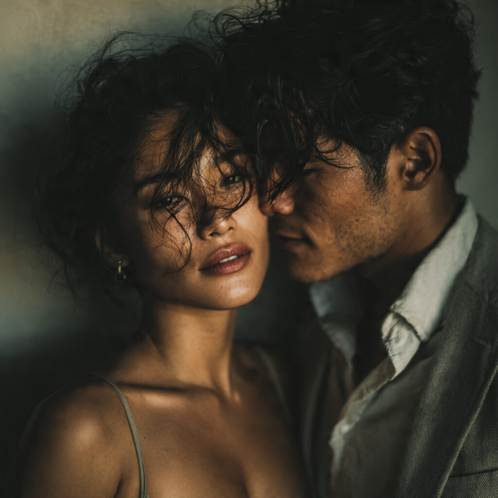 couple standing very close without touching intense