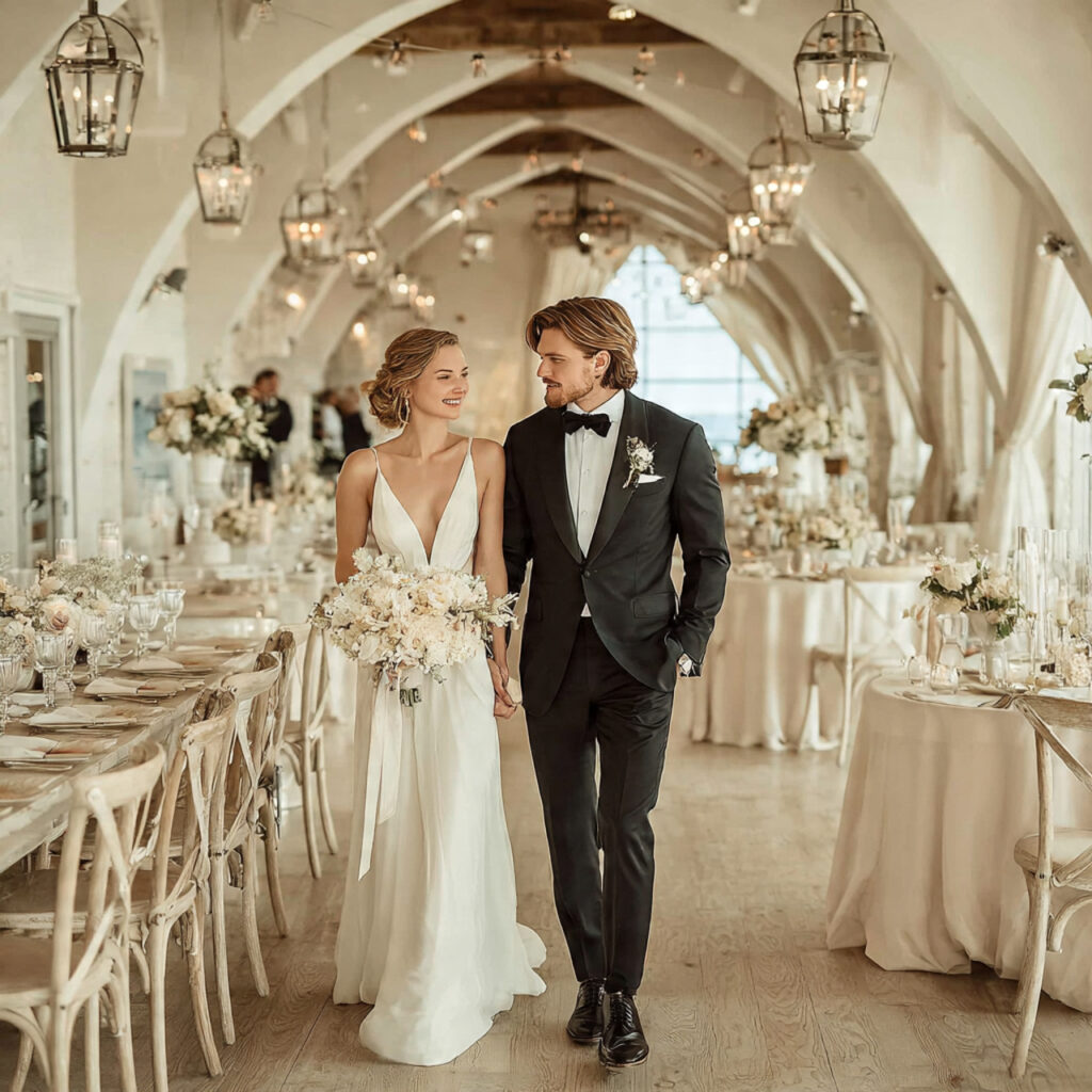 couple touring an elegant wedding venue walking