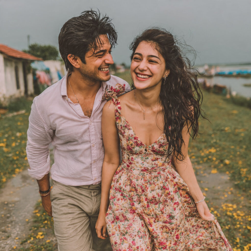 couple walking and talking naturally candid pre