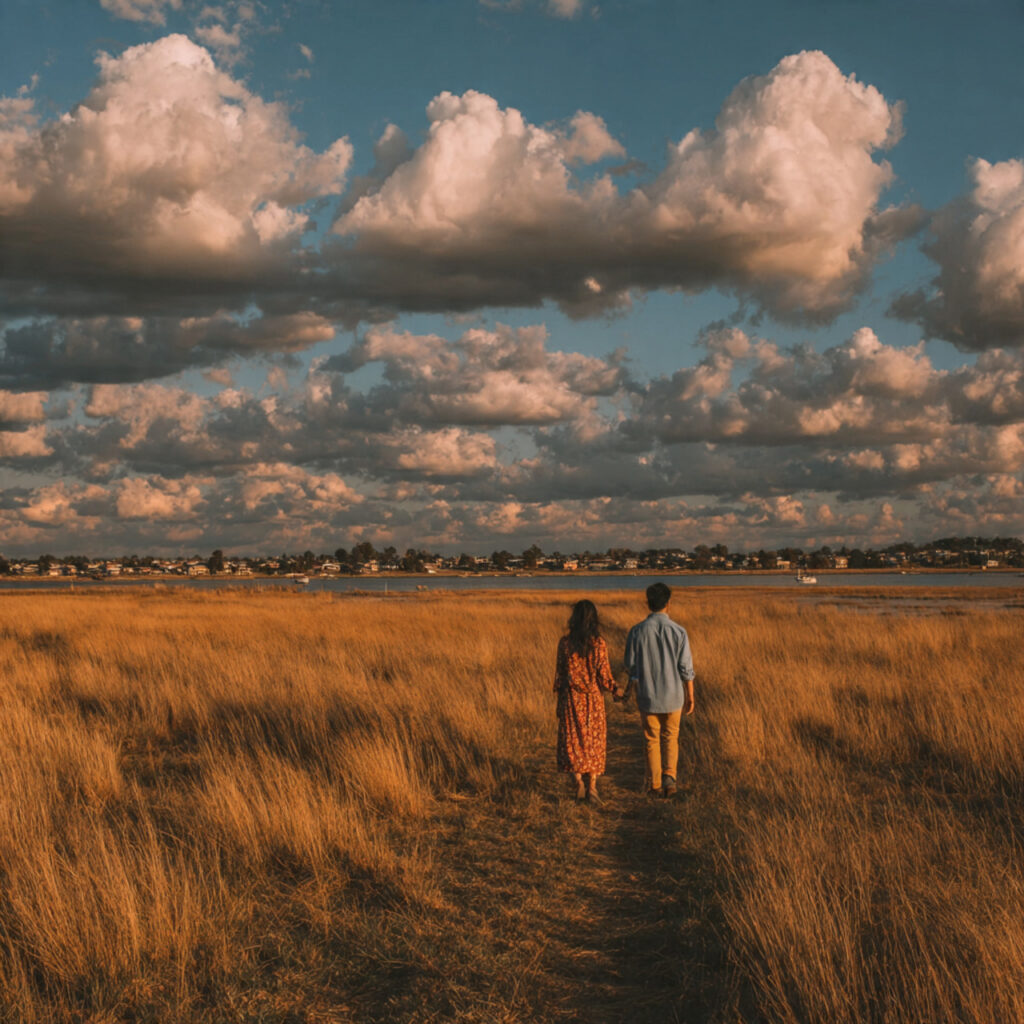 couple walking away from camera holding hands