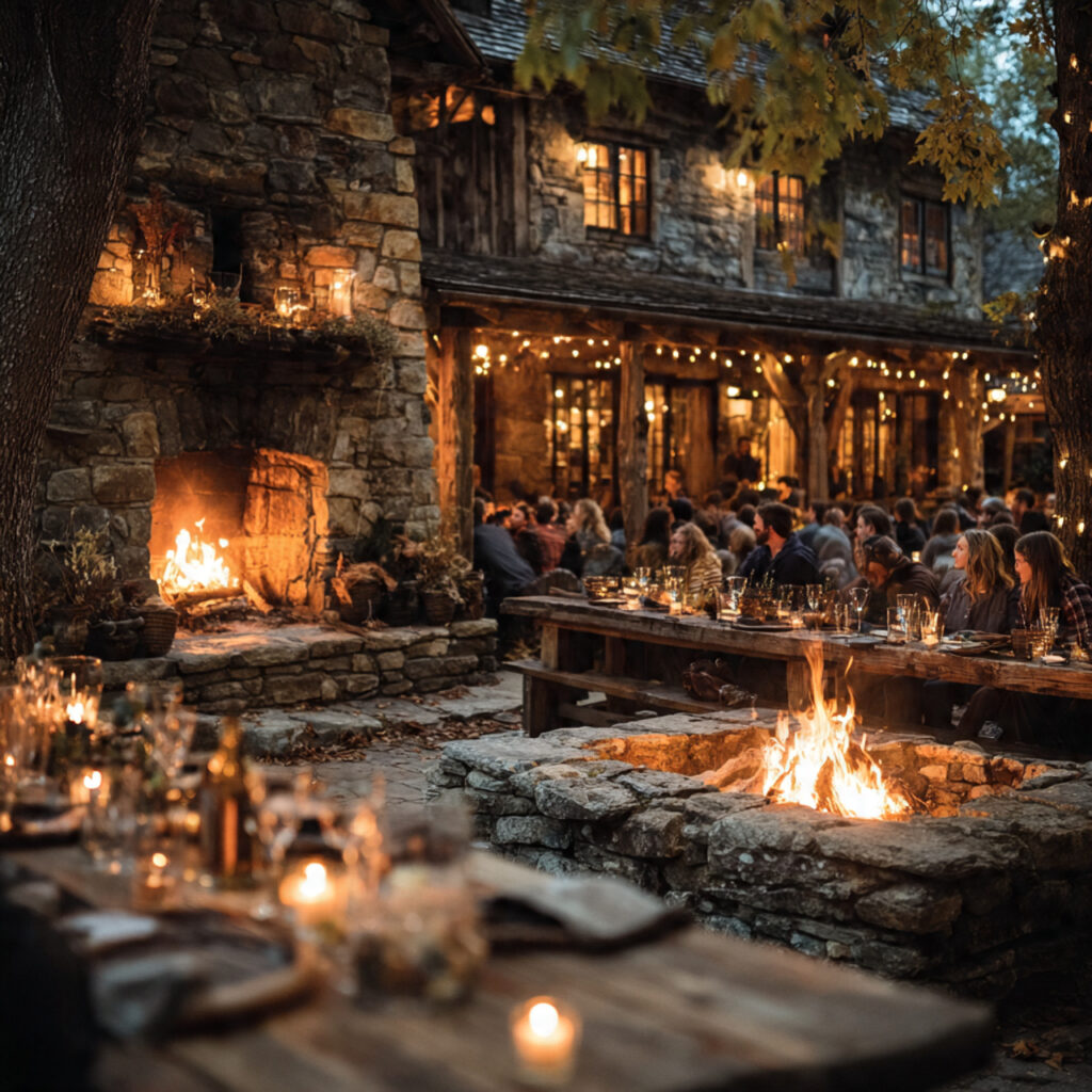 cozy fireside rehearsal dinner guests seated near