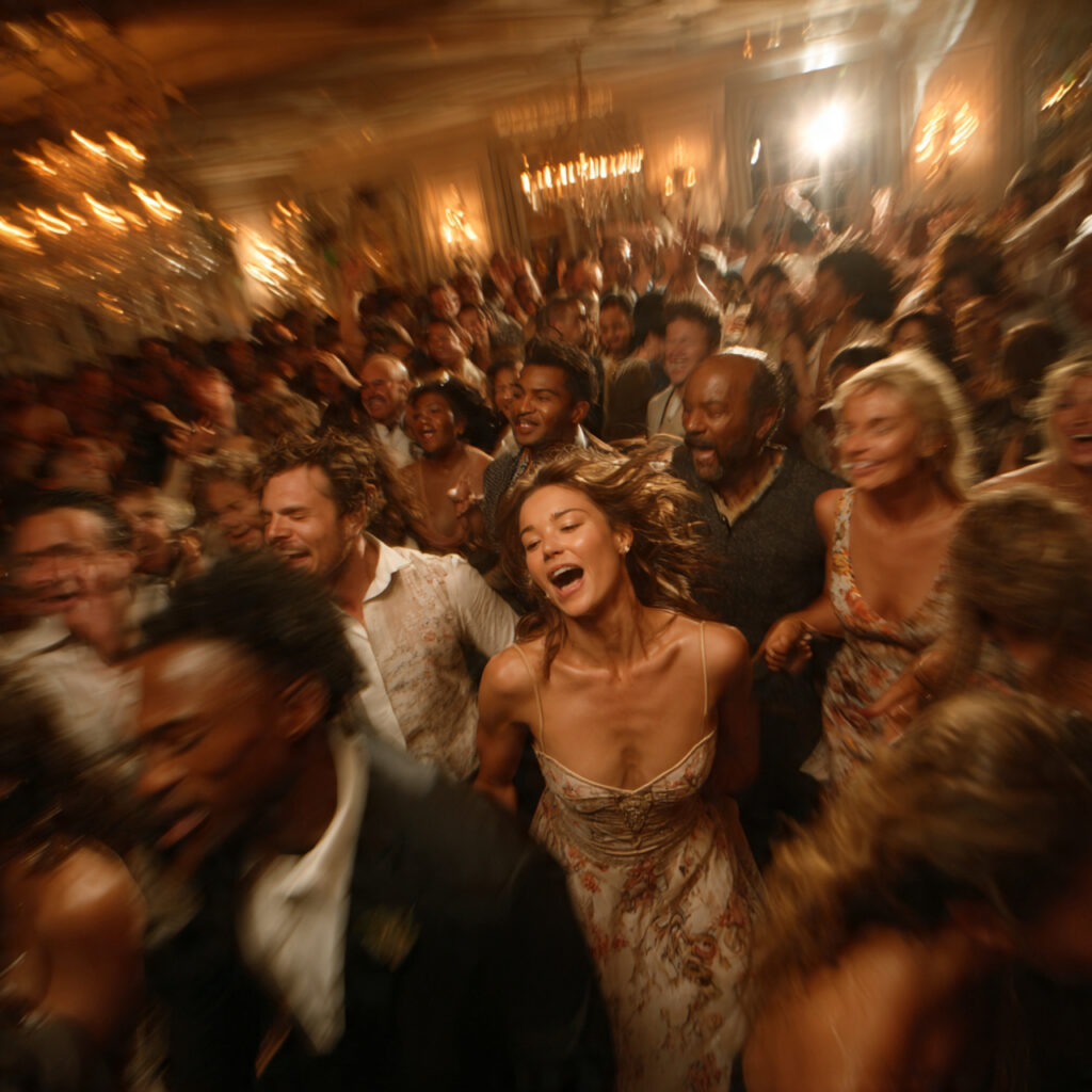 crowded wedding dance floor at peak celebration