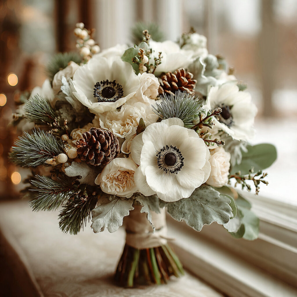 december wedding floral design using evergreen branches