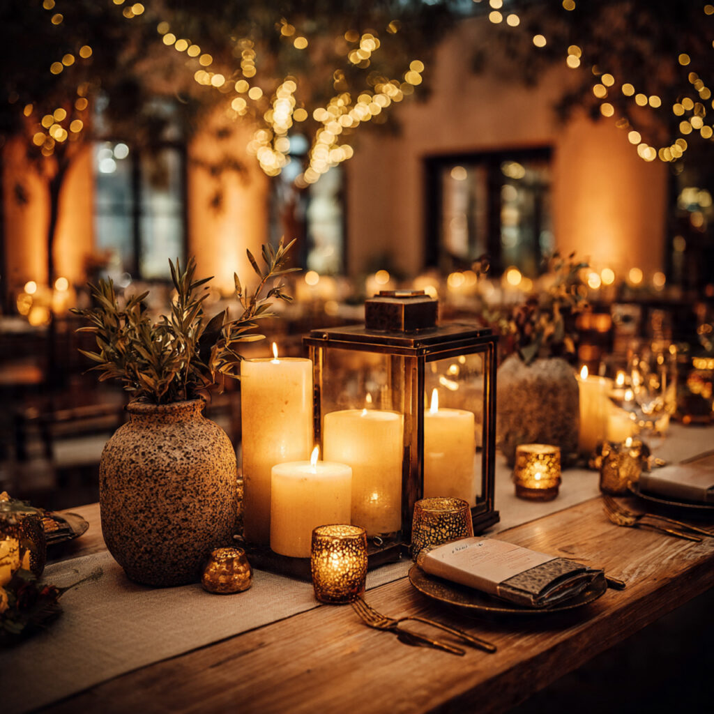 december wedding lighting design with warm candles