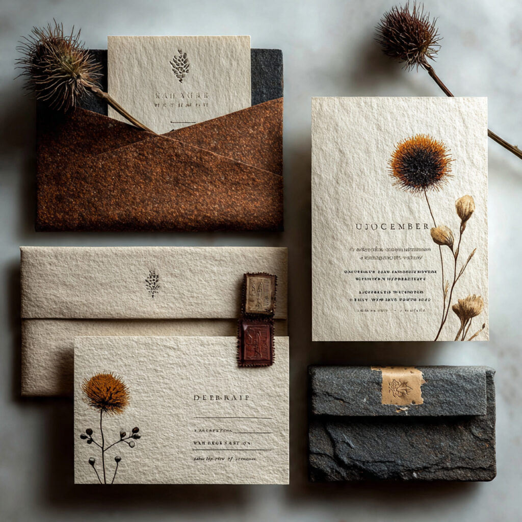 december wedding stationery design with textured paper