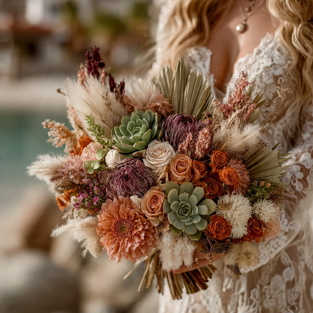 desert inspired boho wedding bouquet with succulents dried