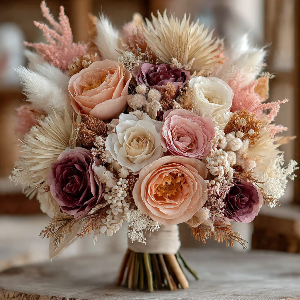 dried boho wedding bouquet with pampas grass