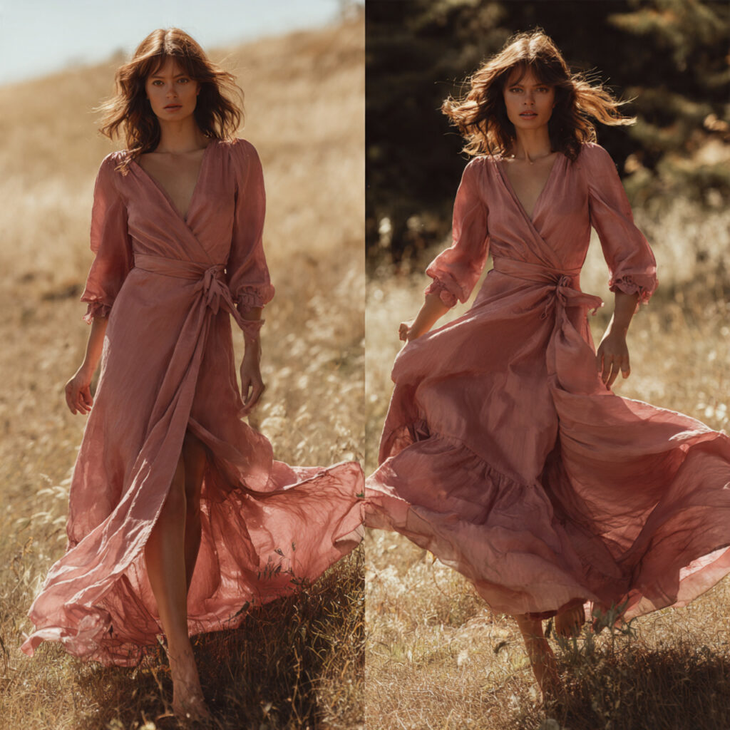 dusty rose wrap dress flowing naturally flattering