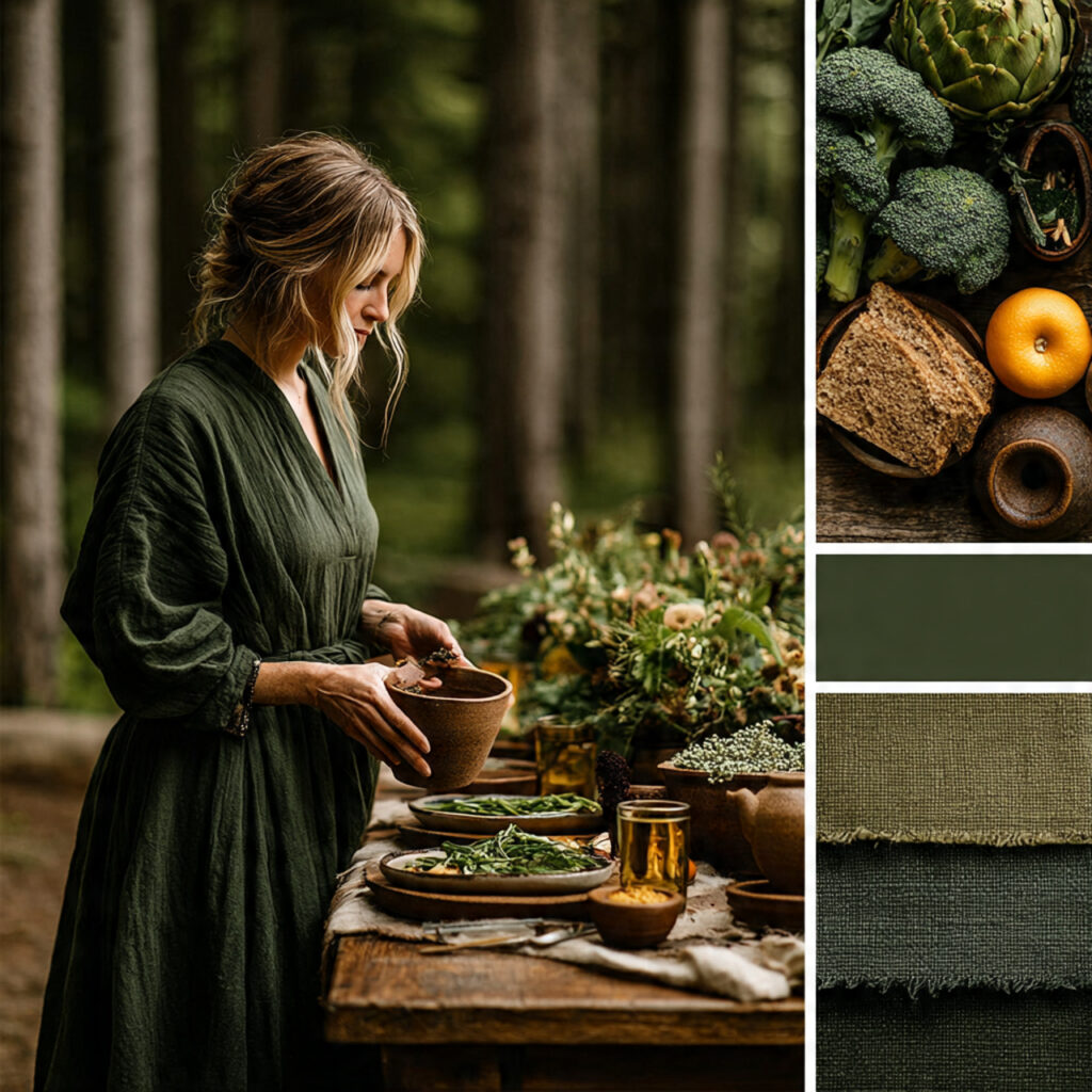 earthy forest wedding design featuring forest green