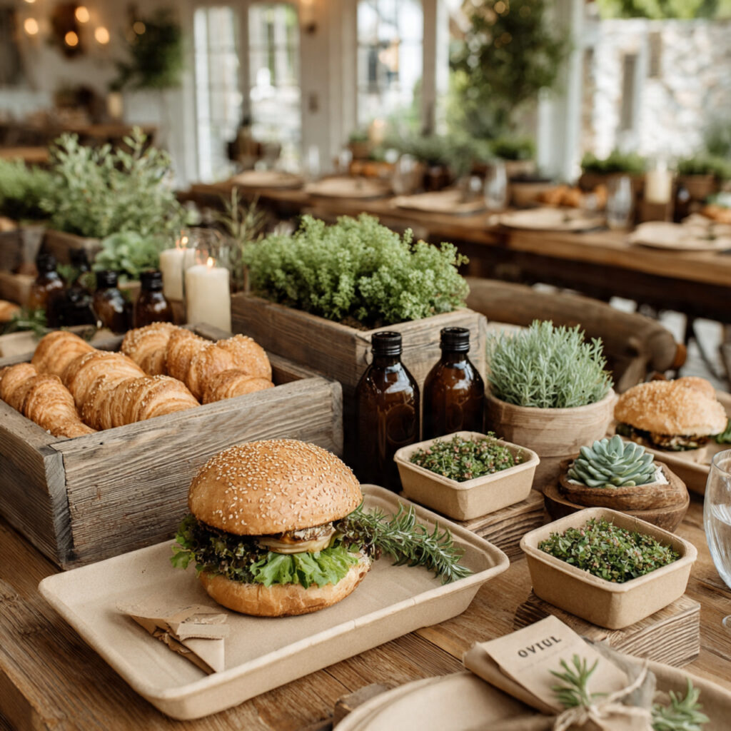 eco friendly wedding food setup with compostable serving