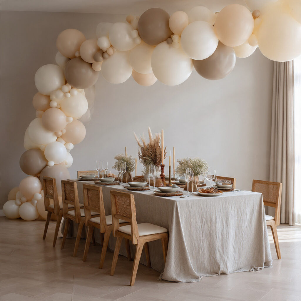 elegant baby shower setup with organic balloon