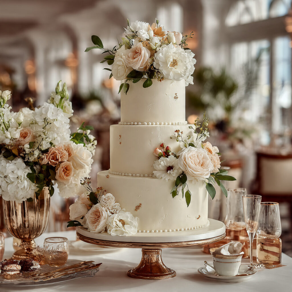 elegant classic white multi tier wedding cake with