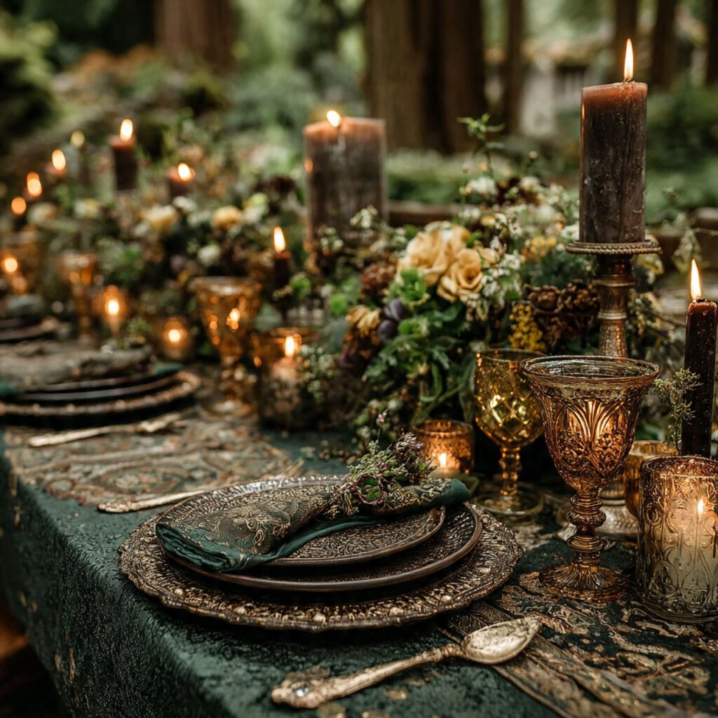 elegant forest wedding tablescape with hunter green