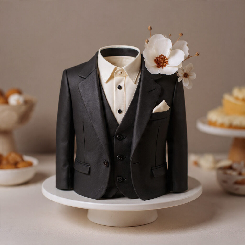 elegant groom s cake designed like a tailored