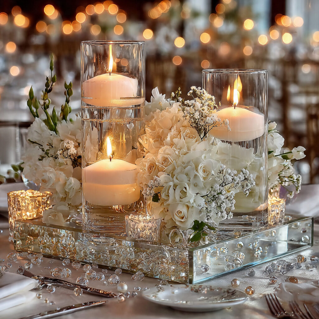 elegant wedding centerpiece with clear vases white