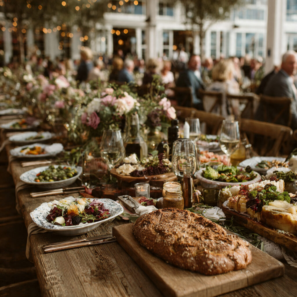 elegant wedding reception with long wooden tables