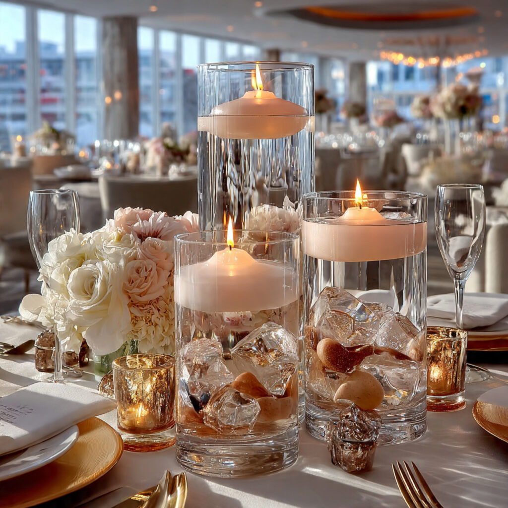 elegant wedding table centerpiece with clear glass
