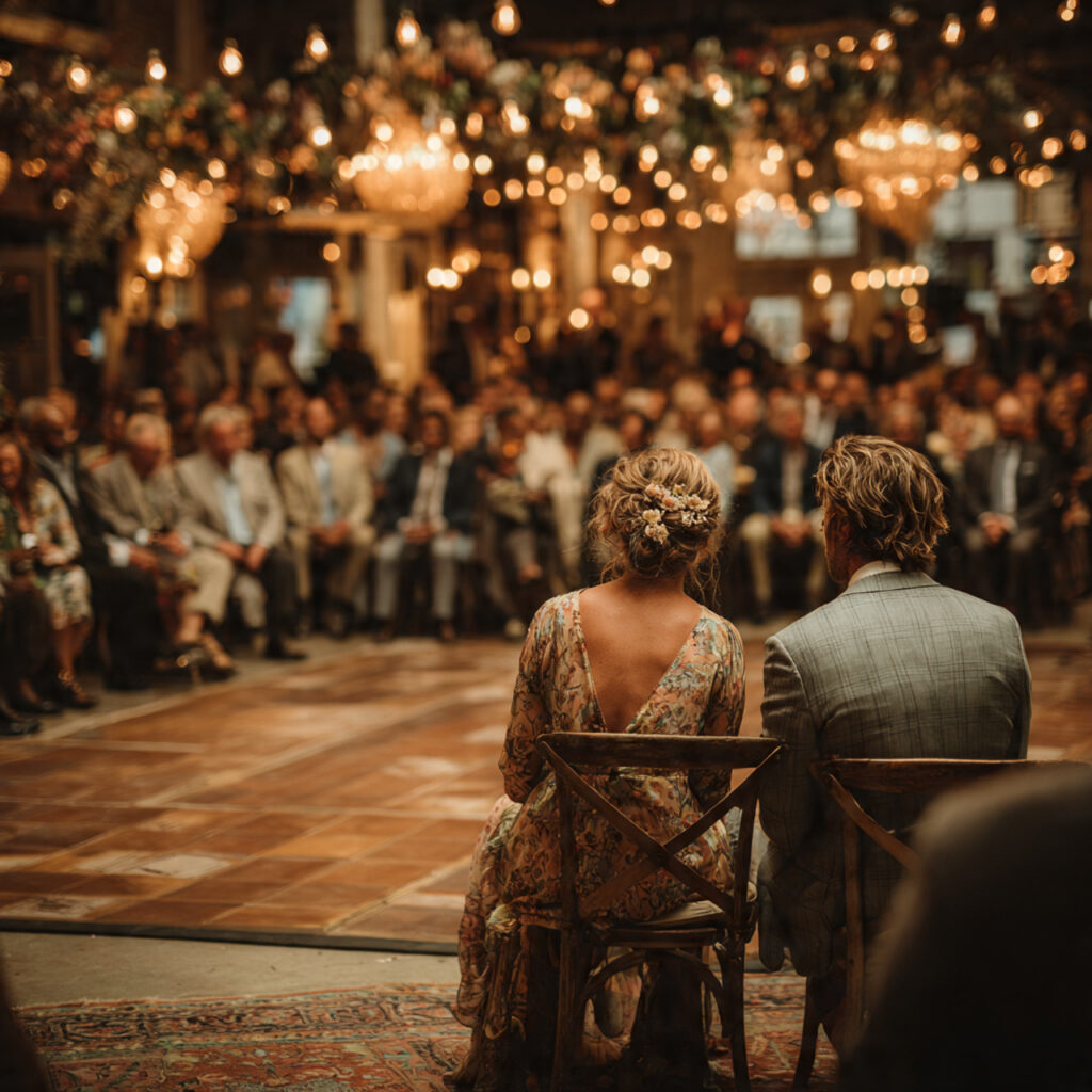 empty wedding dance floor with guests seated