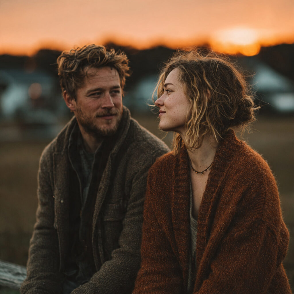 engaged couple sitting quietly outdoors holding hands