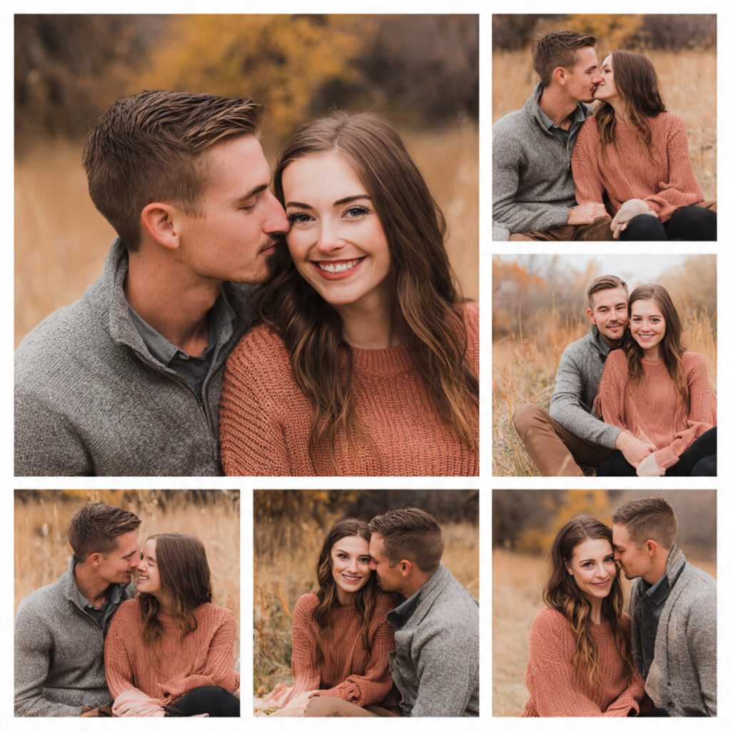 21 Cozy and Stylish Fall Engagement Photo Outfit Ideas 4 engagement couple coordinated fall outfits in complementary