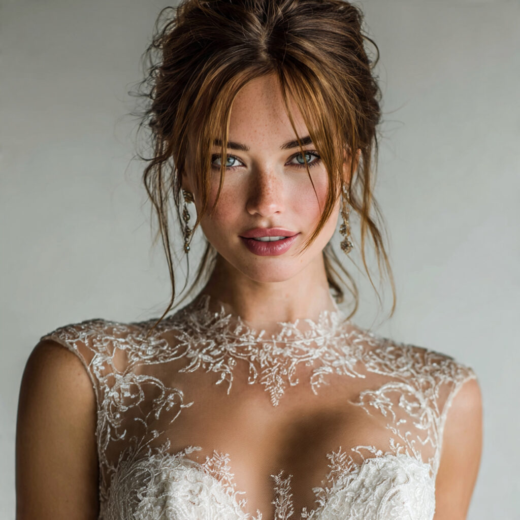 ethereal wedding dress featuring illusion neckline with